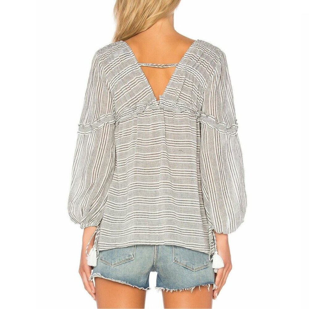 Derek Lam Gray Stripe Cotton Tunic Shirt V-Neck Tassel Tie Womens 10 - Picture 8 of 10